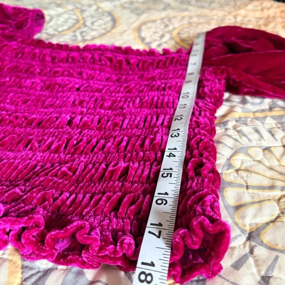 Anthropologie Magenta Pink Rose Smocked Velvet Puff Sleeve Peasant Blouse, M
